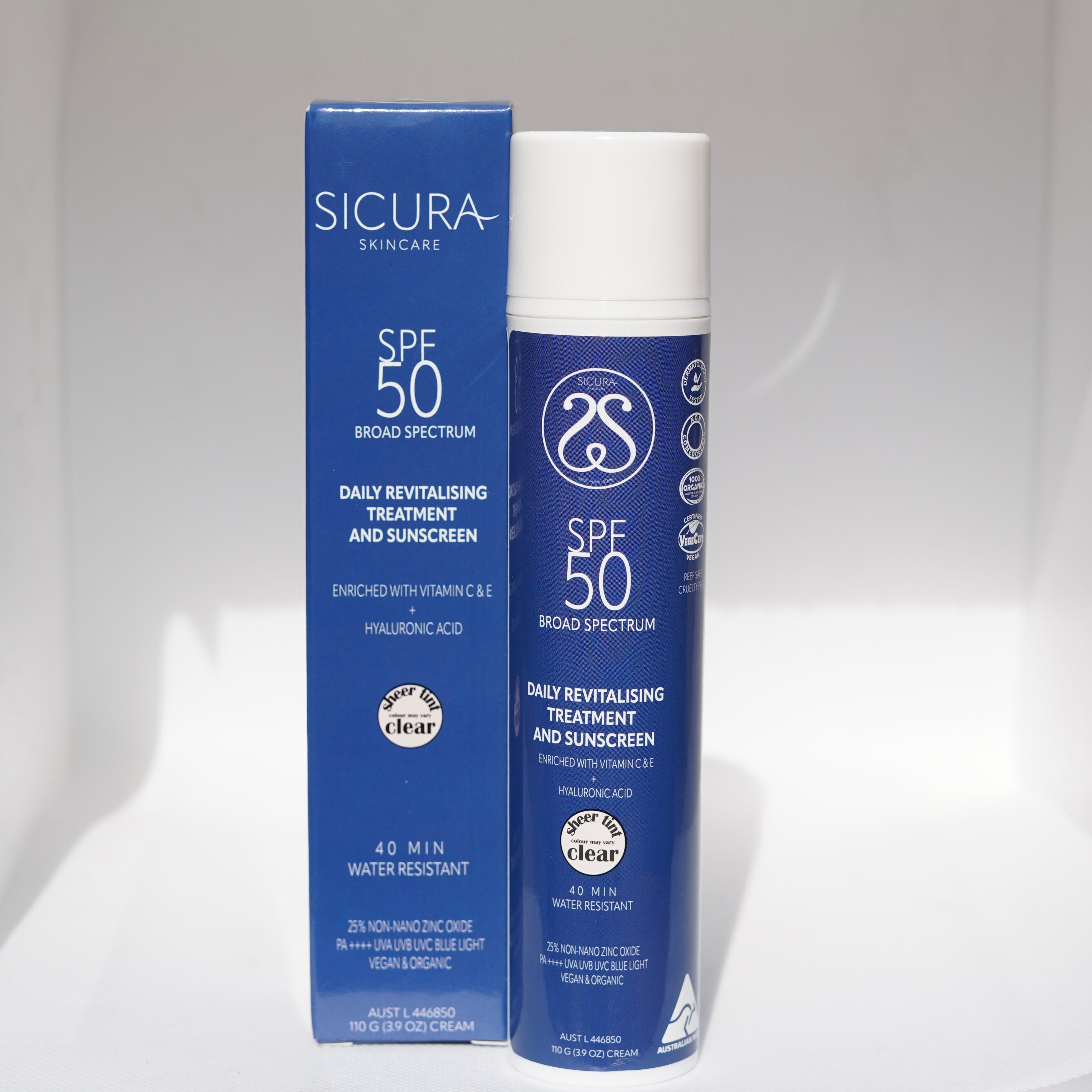 Sicura skincare SPF 50 product with blue packaging on a white background
