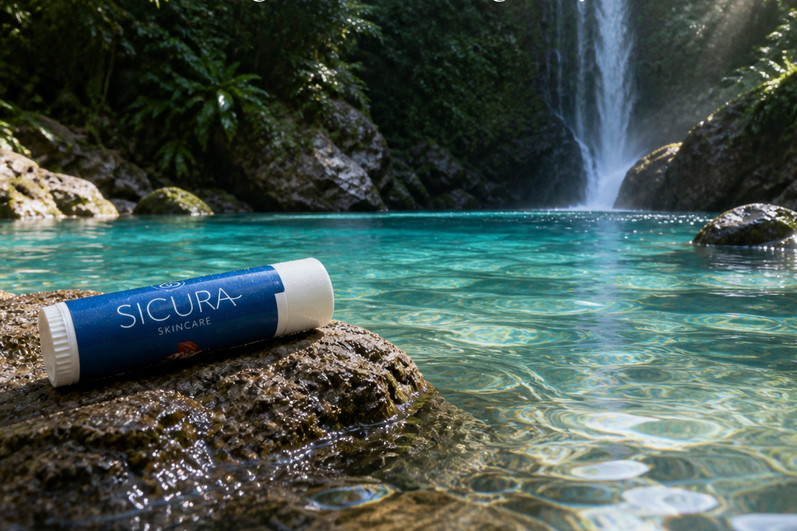 Sicura skincare product on a rock with a waterfall and clear water in the background